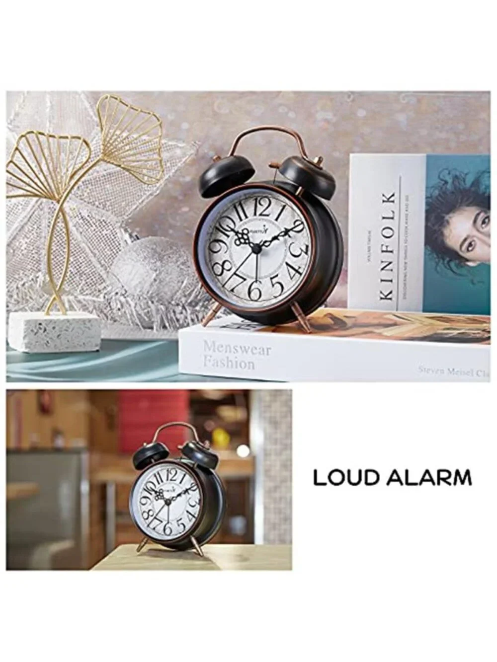 Retro Twin Bell Metal Alarm Clock Loud Ringing Analog Bedside Small Black